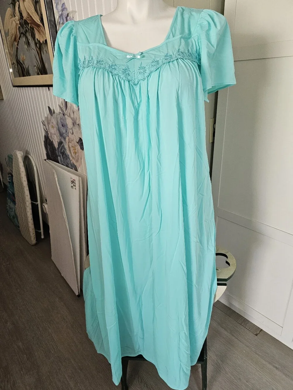 Vtg Miss Elaine Tricot Nylon Nightgown Aqua Blue Lace Floral Flutter Sleeve Lg